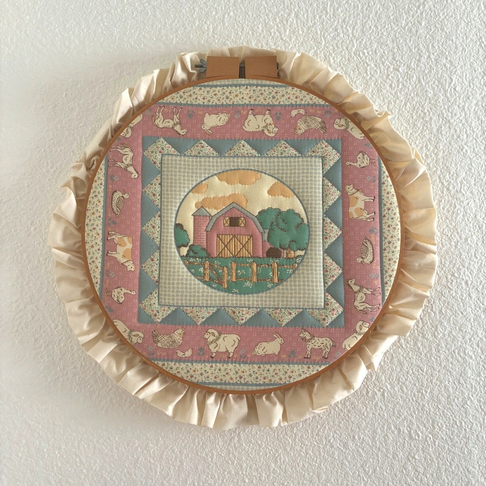 Hand Knit Farm Scene Hoop Wall Art 14" Large Embroidery Hoop Pink Blue Cottage